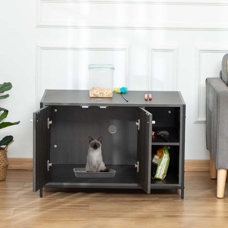 Black Pet Furniture: Wooden Cat Litter Box Enclosure End Table