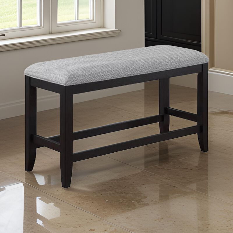 Patricia 48 Inch Counter Height Dining Bench, Black Wood and Gray Fabric - Benzara