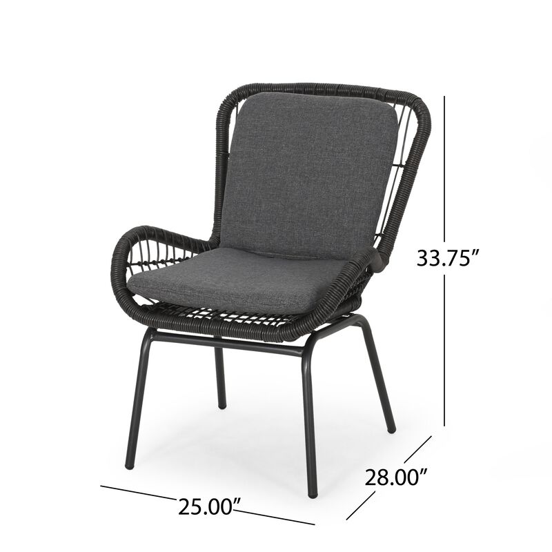 Patio Accent Chair Set of 2, Open Wicker, Round Edge, Black Iron, Gray -Benzara
