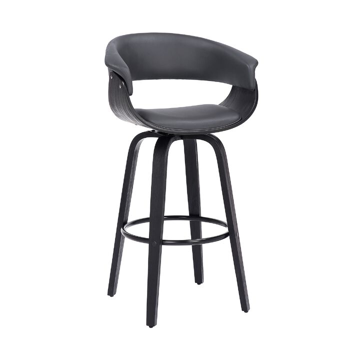 26 Inch Swivel Faux Leather Barstool with Curved Open Back, Gray-Benzara