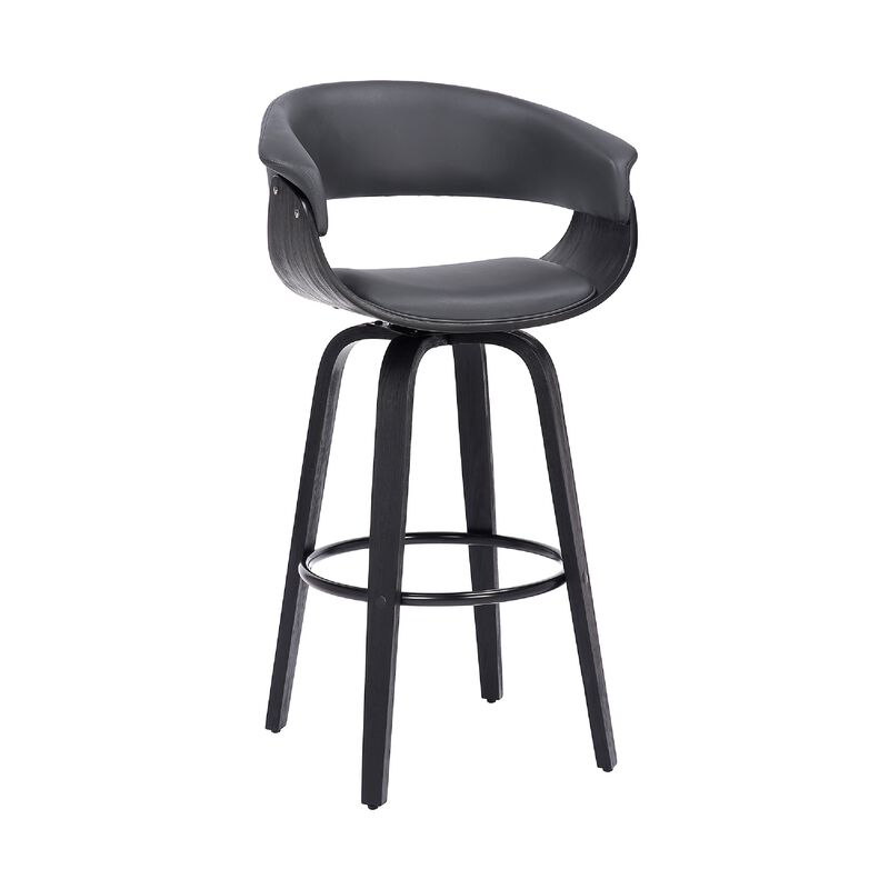 26 Inch Swivel Faux Leather Barstool with Curved Open Back, Gray-Benzara