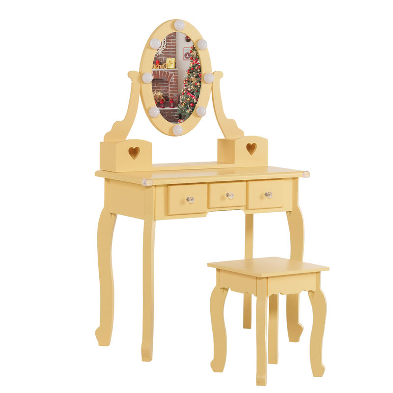 Girls Vanity Table with Mirror Lights and Stool Pretend Play Makeup Desk with Storage
