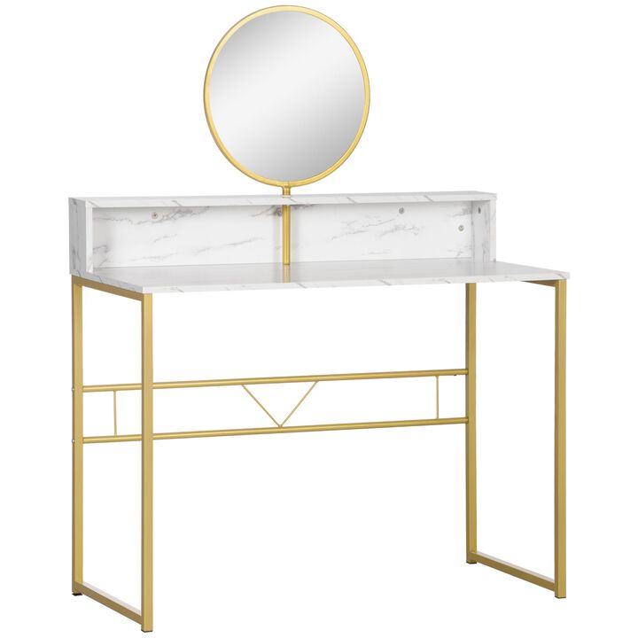 White/Gold Makeup Station: Faux Marble Vanity Desk with Mirror