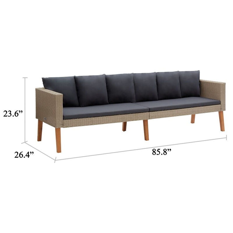 Outdoor 3 Seater Patio Sofa, 86 Inch Beige Poly Rattan, Gray Cushions - Benzara