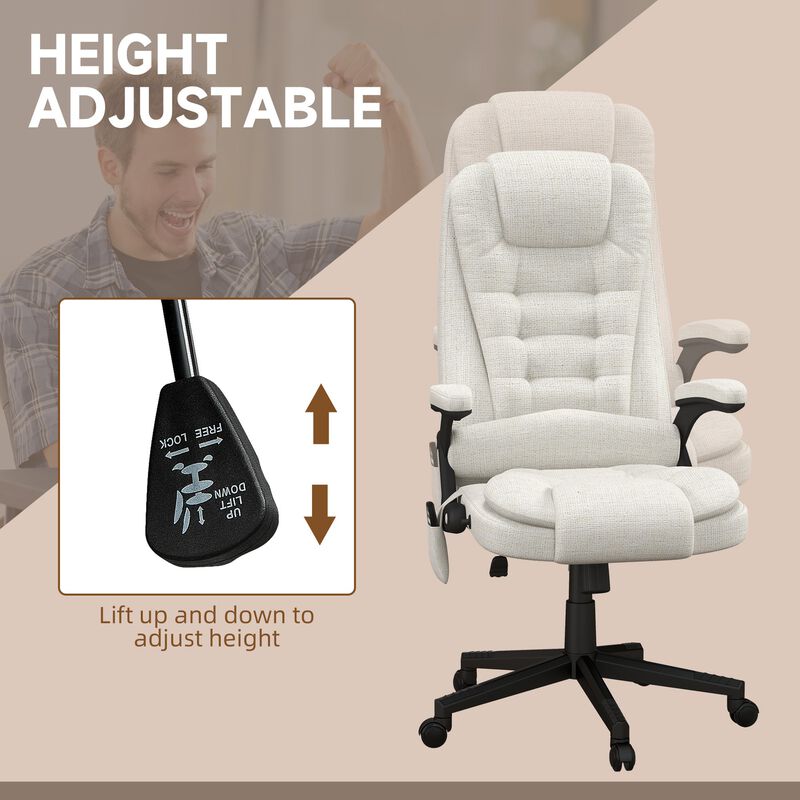Cream White Linen Massage Chair: Heated, Reclining, Remote