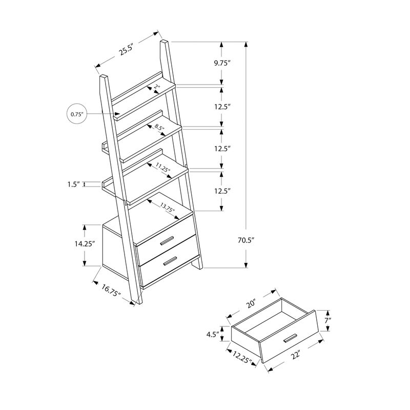 Monarch Specialties I 2756 Bookshelf, Bookcase, Etagere, Ladder, 4 Tier, 69"H, Office, Bedroom, Laminate, Grey, White, Contemporary, Modern