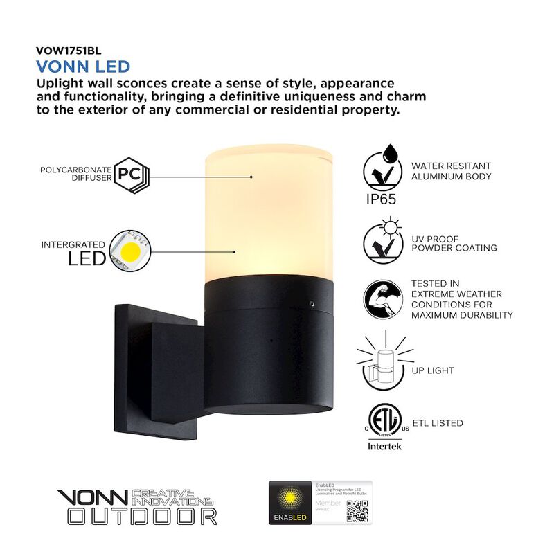 VONN Lighting Modern VOW1751BL 5-Watt Integrated LED Outdoor Wall Sconce in Matte Black