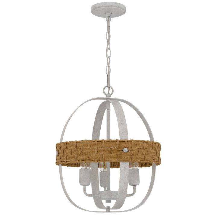 Baty Chandelier, 3 Light Rustic Rattan, Round White Metal 18 Inch - Benzara
