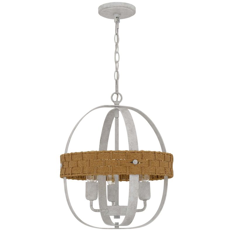 Baty Chandelier, 3 Light Rustic Rattan, Round White Metal 18 Inch - Benzara
