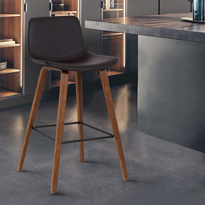 Maddie Contemporary  Barstool in Walnut Wood Finish and Brown Faux Leather