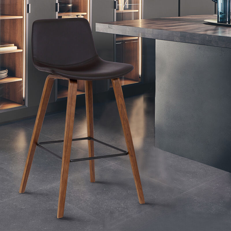 Maddie Contemporary  Barstool in Walnut Wood Finish and Brown Faux Leather