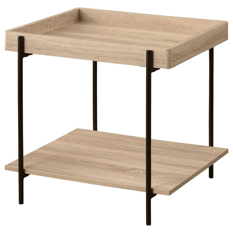 Allen Side End Table, Tray Top, Shelf 23 Inch Brown Wood, Black Metal - Benzara