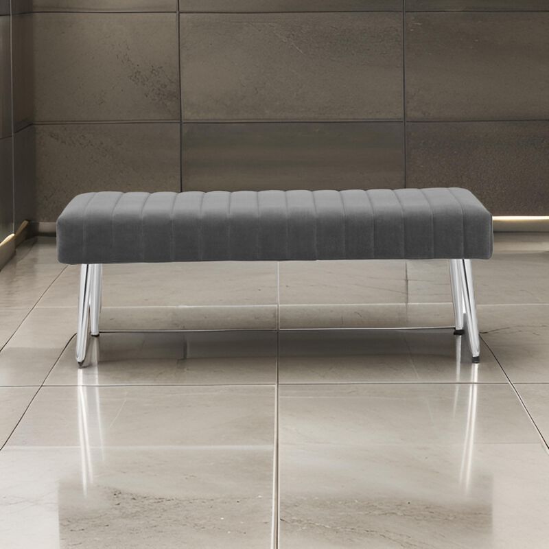 Lida 45 Inch Bench, Modern Tufted Lines, Gray Soft Velvet, Chrome Metal - Benzara