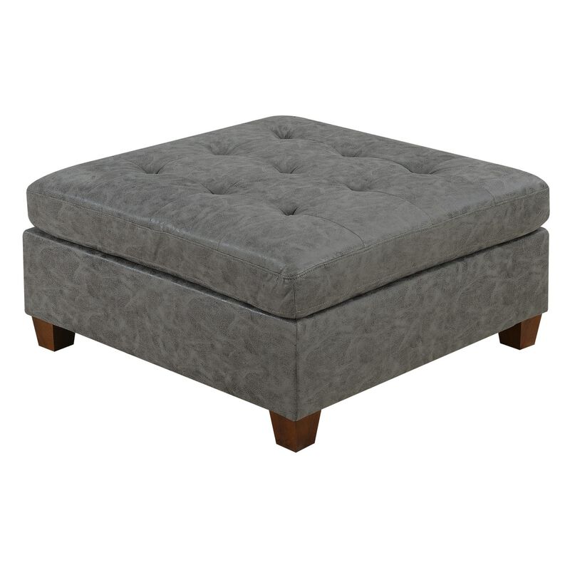 Tufted Cocktail Ottoman Antique Grey Breathable Leatherette 1 Piece Cushion Ottoman Seat Wooden Legs