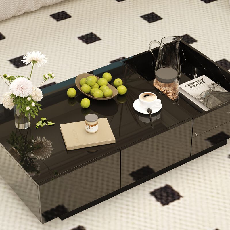 FUFU&GAGA Modern High-Gloss Black Coffee Table with Marble Texture, 2 Drawers & 3 Open Shelves (47.2" W x 23.6" D x 11.6" H), Black