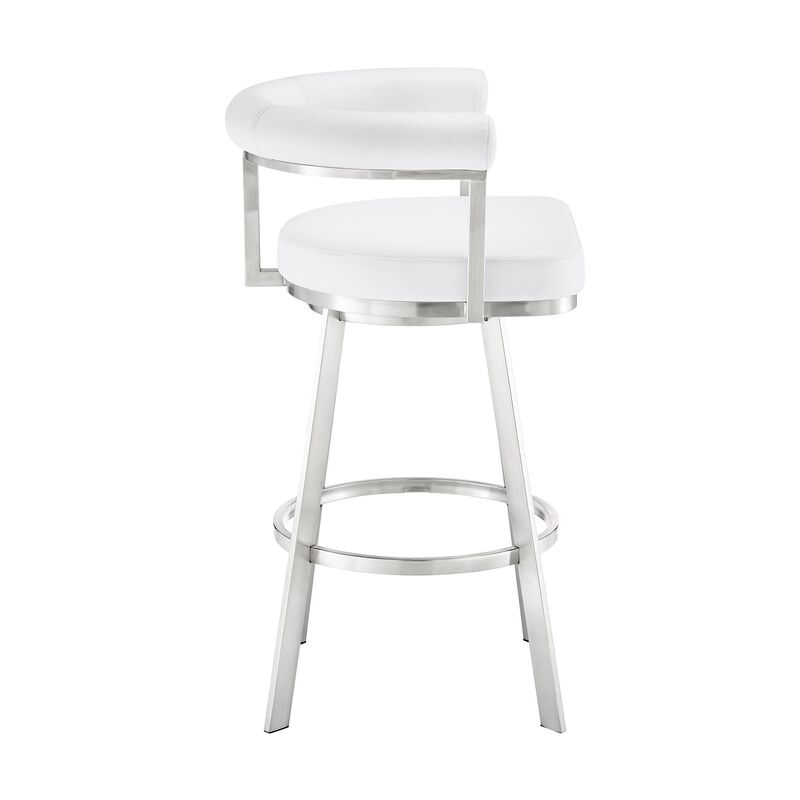 Gini 26 Inch Swivel Counter Stool, Round Back, Chrome, White Faux Leather - Benzara