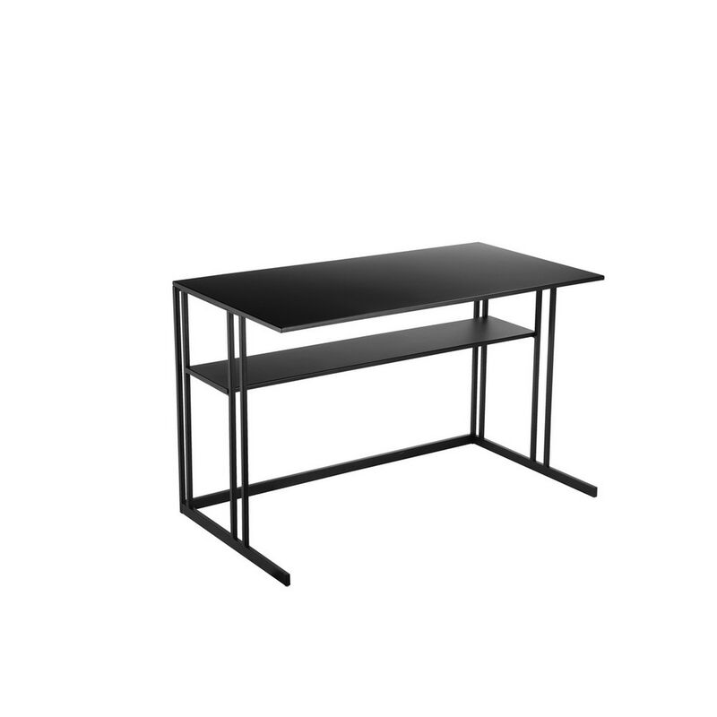 Femi 47 Inch Office Desk with Shelf, Open Steel Base, Modern Black Finish - Benzara