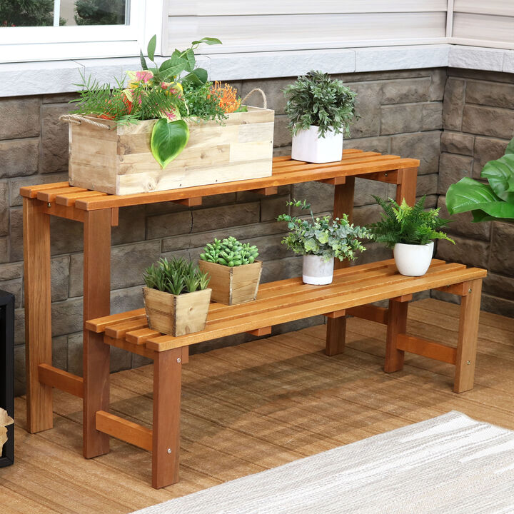 Sunnydaze 2-Tier Meranti Wood Plant Stand with Teak Oil Finish - 24 in