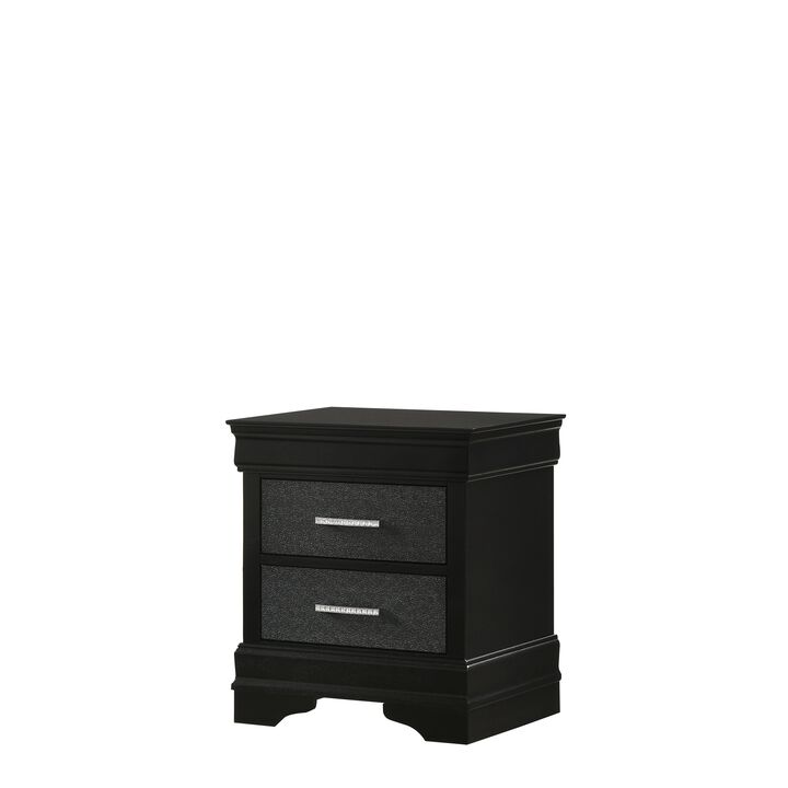 2 Drawer Wooden Nighstand with Horizontal Pull and Studded Accent, Black - Benzara
