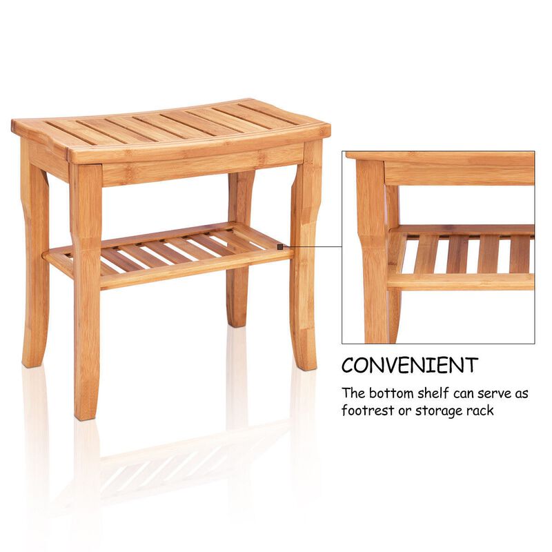 Bathroom Bamboo Shower Chair Bench with Storage Shelf