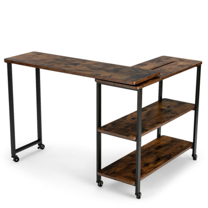 Large 360-Degree Free Rotating Sofa Side Table with Wheels and Storage Shelf-Rustic Brown