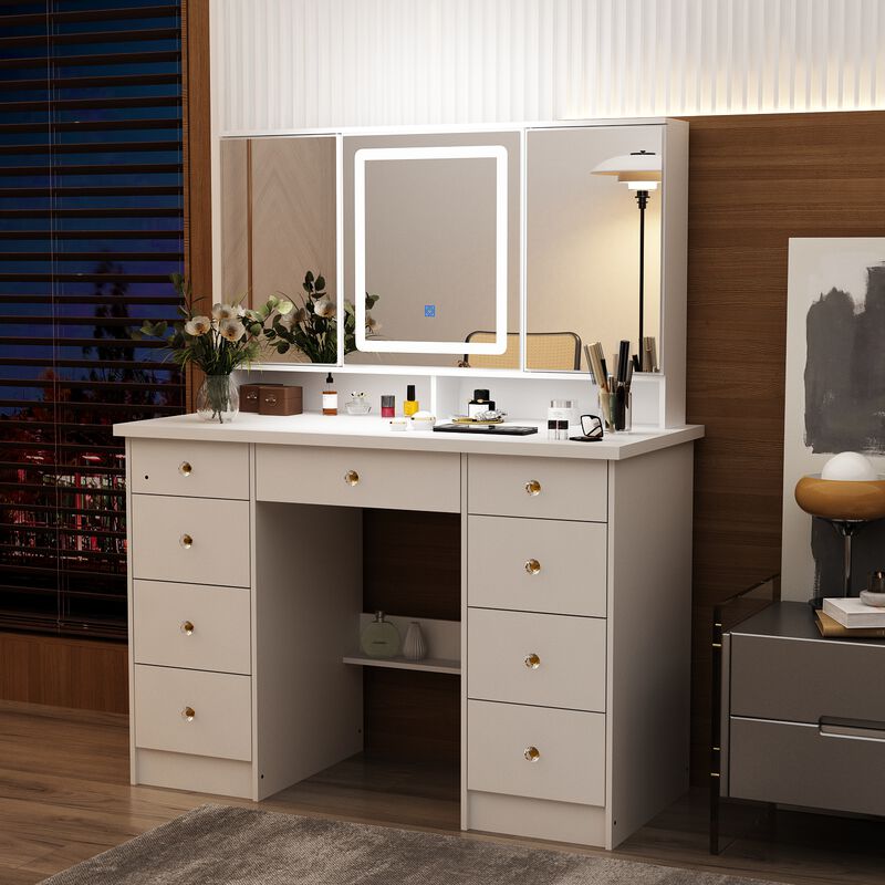 White Modern Makeup Vanity Desk 9 Drawers Wood Dressing Table With 3 Mirrors, Hidden Storage Shelves, LED Lighted