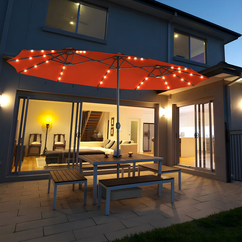 15 Ft Patio LED Crank Solar Powered 36 Lights  Umbrella without Weight Base