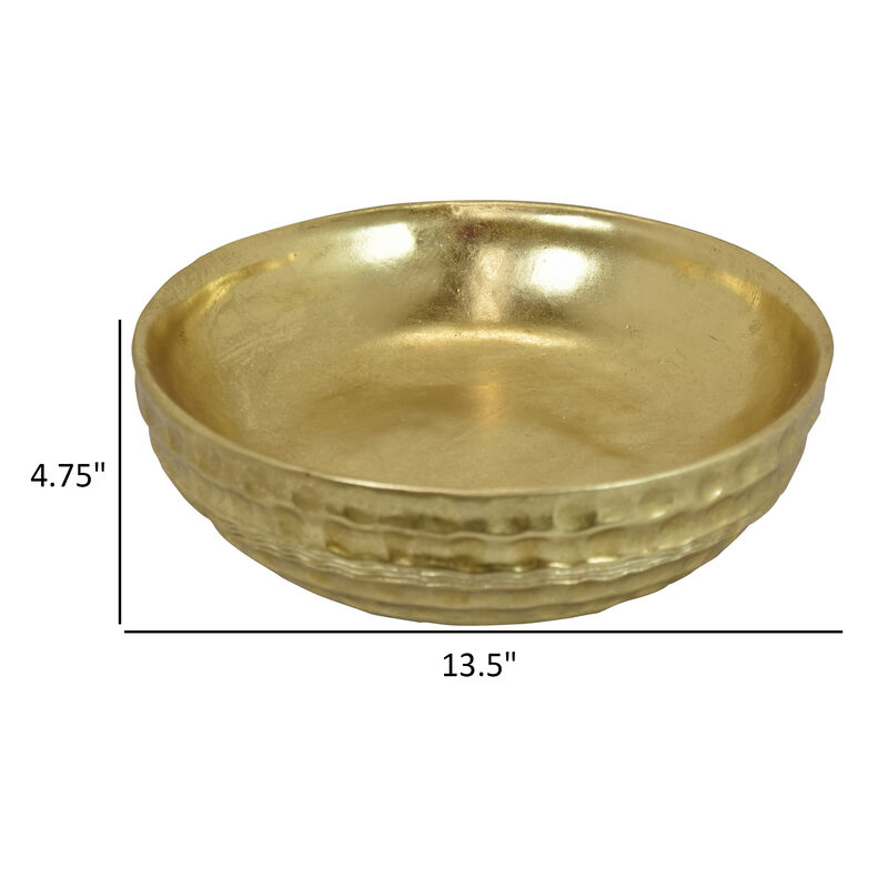Round Tray with Hammered Accents, Vintage Details, 14 Inch Gold Resin - Benzara