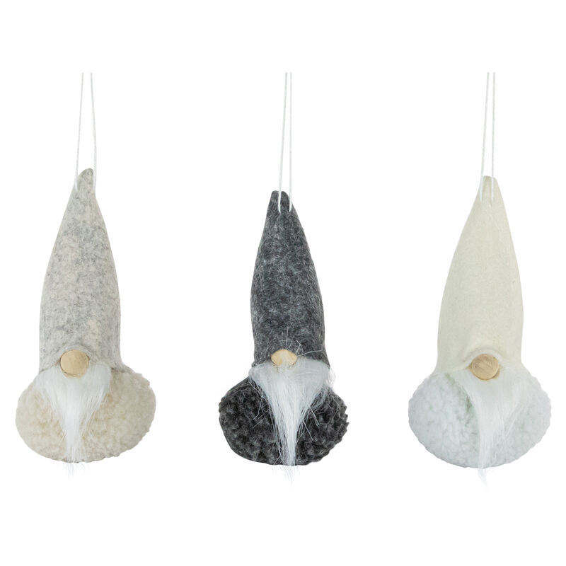 Set of 3 Gray and Cream Plush Gnomes Christmas Ornaments 4.75"