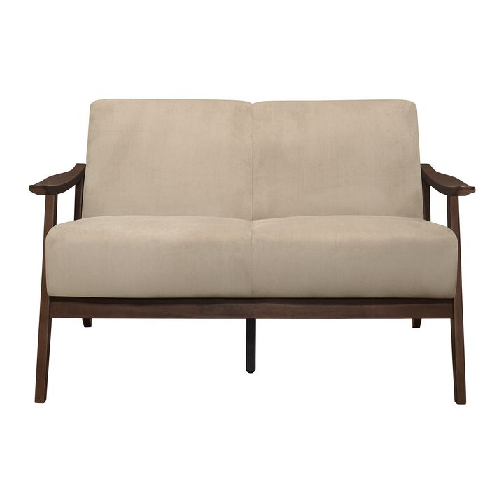 Rica 51 Inch Loveseat, Curved, Soft Beige Velvet, Walnut Brown Solid Wood - Benzara