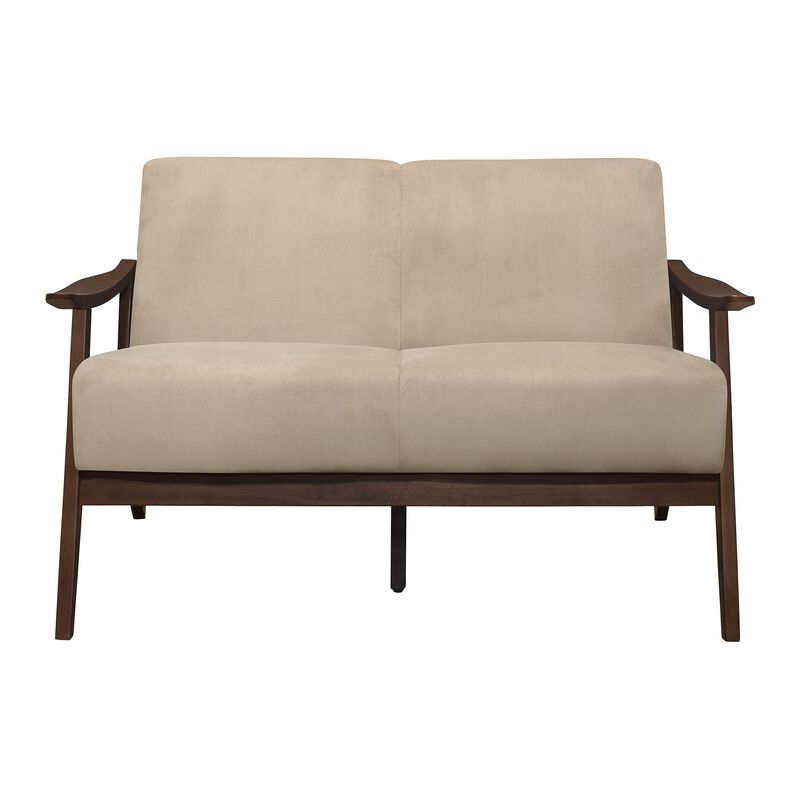 Rica 51 Inch Loveseat, Curved, Soft Beige Velvet, Walnut Brown Solid Wood - Benzara