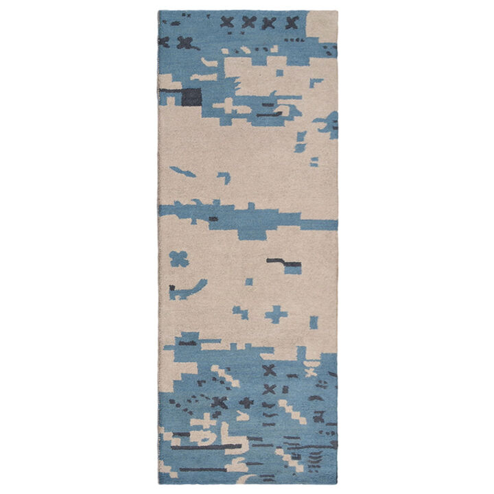 RUGSOTIC CARPETS HAND TUFTED WOOL ECO-FRIENDLY AREA RUGS  - 2'6"x8', Runner Shape, Beige & Blue, Abstract Modern Design, High Pile Thick Handmade Area Rugs for Living Room, Bed Room (K00702)