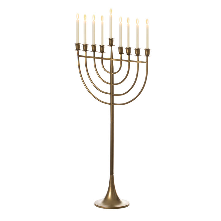 Modern Solid Metal Judaica Hanukkah Menorah 9 Branched Candelabra, Gold Finish Large Modern Solid Metal Judaica Hanukkah Menorah 9 Branched Candelabra, Gold Finish Large