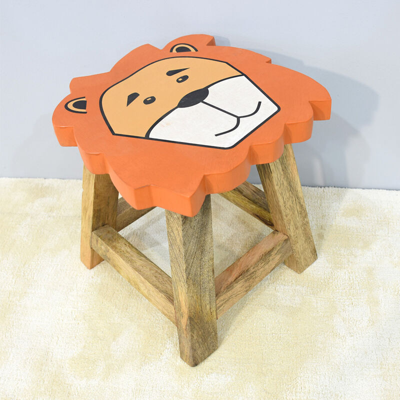 Handmade 100% Mango Wood Kids Yellow Color Lion Shaped Seat Indoor Stool