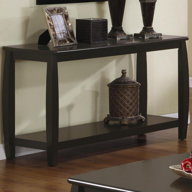 Contemporary Style Solid Wood Sofa Table With Slightly Rounded Shape, Dark Brown-Benzara