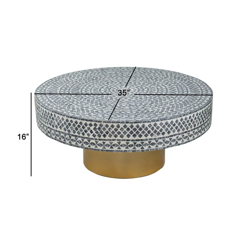 Benjara Piki 35 Inch Coffee Table, Mughal Capiz Inlaid Pattern, Gold, Gray, White and Brown