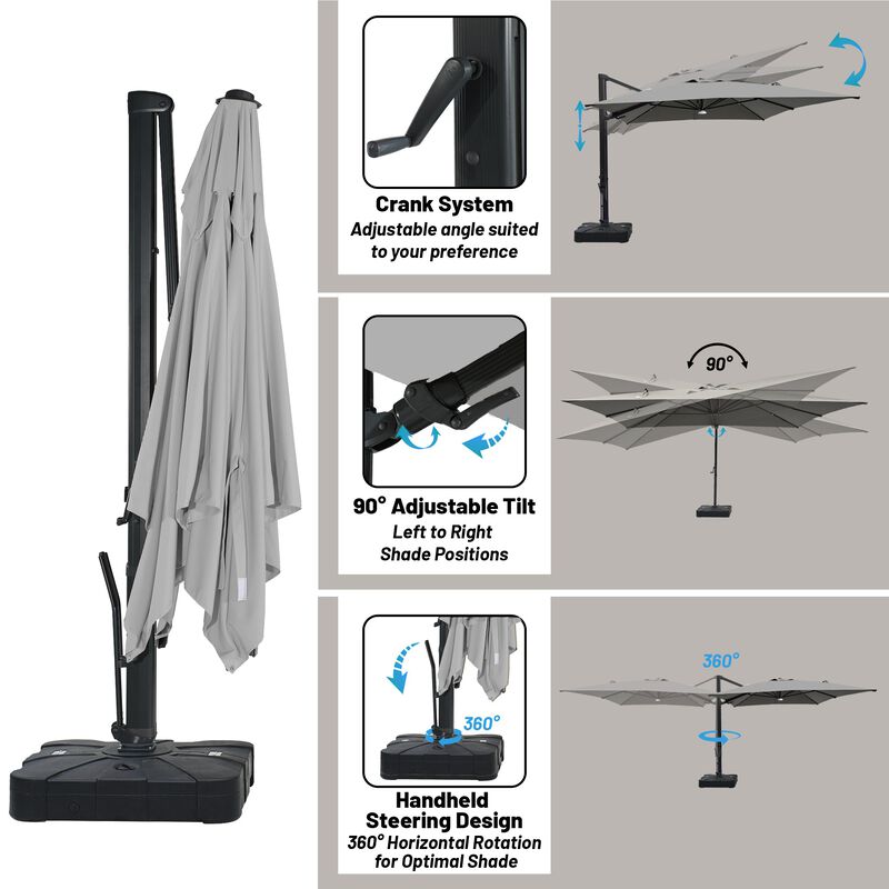 10x13 ft. 360° Rotation Cantilever Patio Umbrella with BaseandBT in Gray