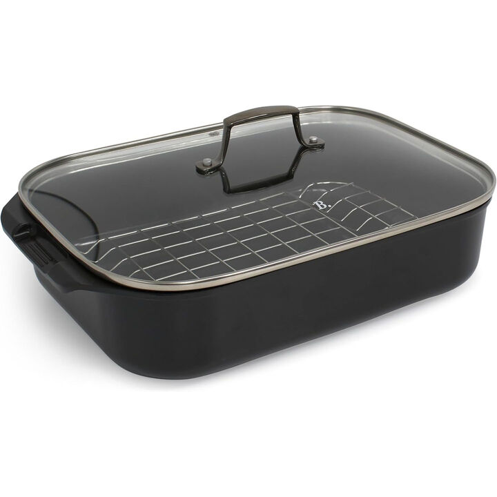 Blu. Cookware Roasting Pan with Lid and Roasting Rack, Non-Toxic, Non-Stick Ceramic, PFA/PFOA-Free, Suitable for all Cooktops, Bamboo Cleaning Brush