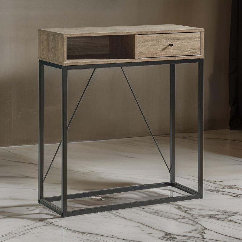 Bery 34 Inch Sideboard Console Table, 1 Cubby Shelf, 1 Drawer, Taupe, Black - Benzara