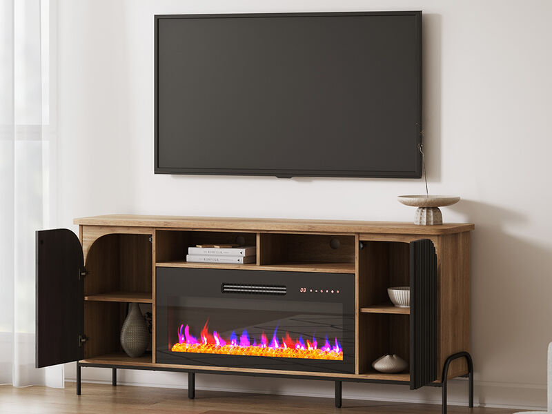 BELLEZE 68 Inch Fluted TV Stands with 36" Electric Fireplace,?Modern Fluted Entertainment Center with Open Storage Shelves& Cabinets, Media Console TV Cabinet For Living Room Bedroom (Camel)