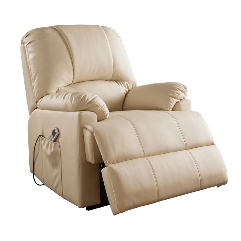 Contemporary Polyurethane Upholstered Metal Recliner with Power Lift, Beige-Benzara