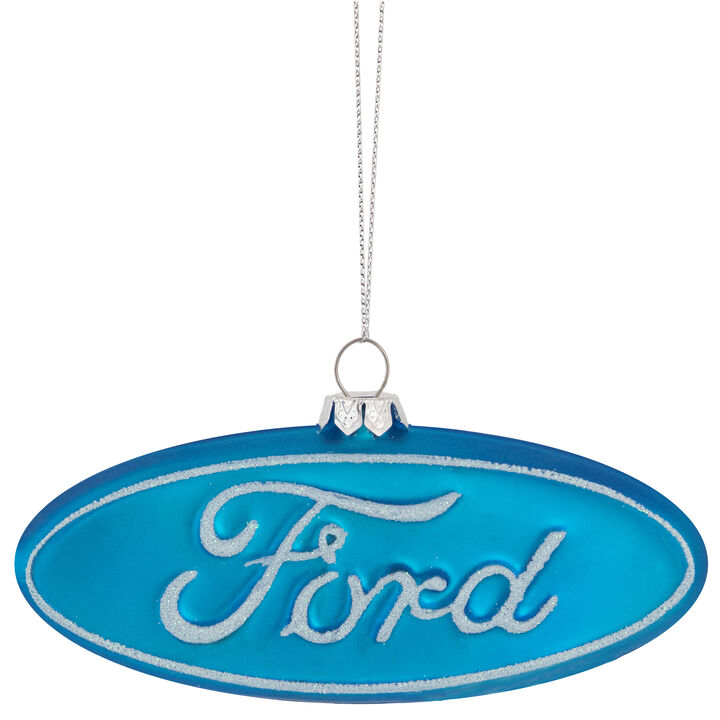 5" Glittered Blue and White Ford Logo Glass Christmas Ornament