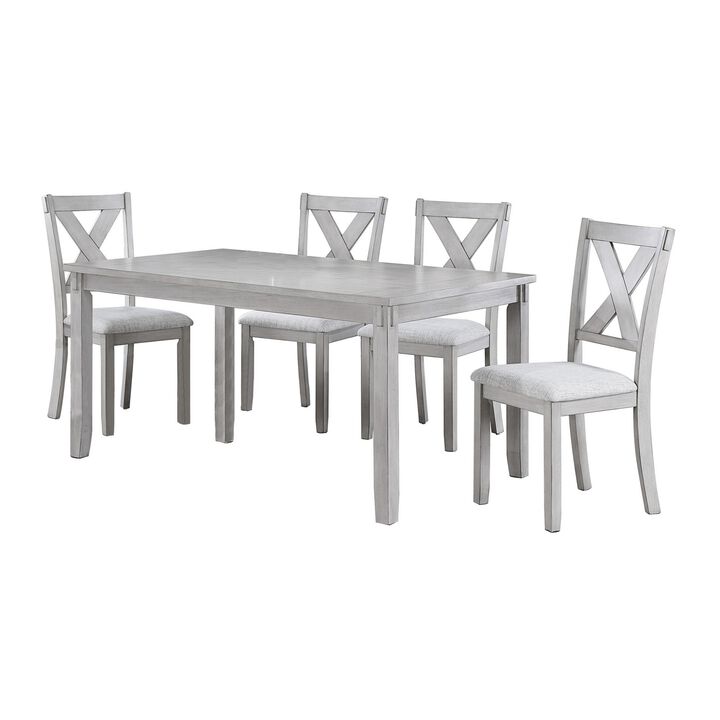 Peter 5 Piece Dining Table and Chairs Set, Wood, Fabric Upholstery, Gray - Benzara