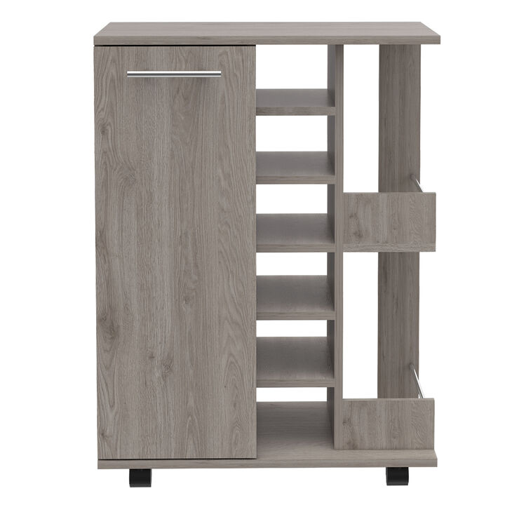 DEPOT E-SHOP Magda Bar Cart, Four Casters, Six Built-in Wine Rack, Single Door Cabinet, Two External Shelves, Light Oak