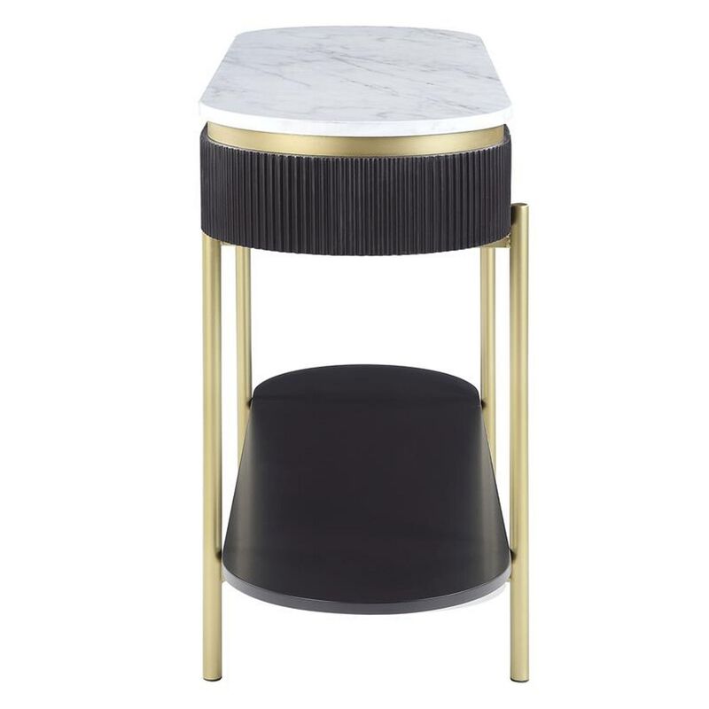 Ville 48 Inch Oblong Sofa Console Table, White Faux Marble Top, Reeded Edge-Benzara