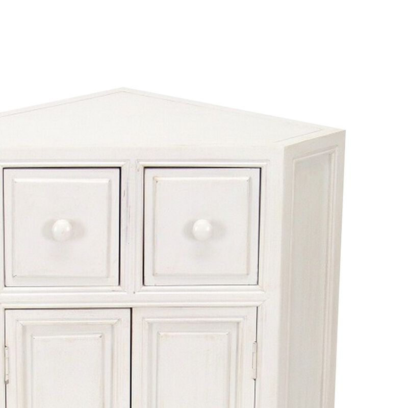 Wooden Corner Cabinet with 2 Drawers and 2 Doors, White - Benzara