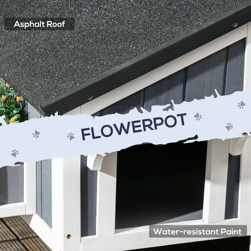Wooden Cat Shelter: 2-Story Outdoor House with Flower Pot & Weather Resistant Roof