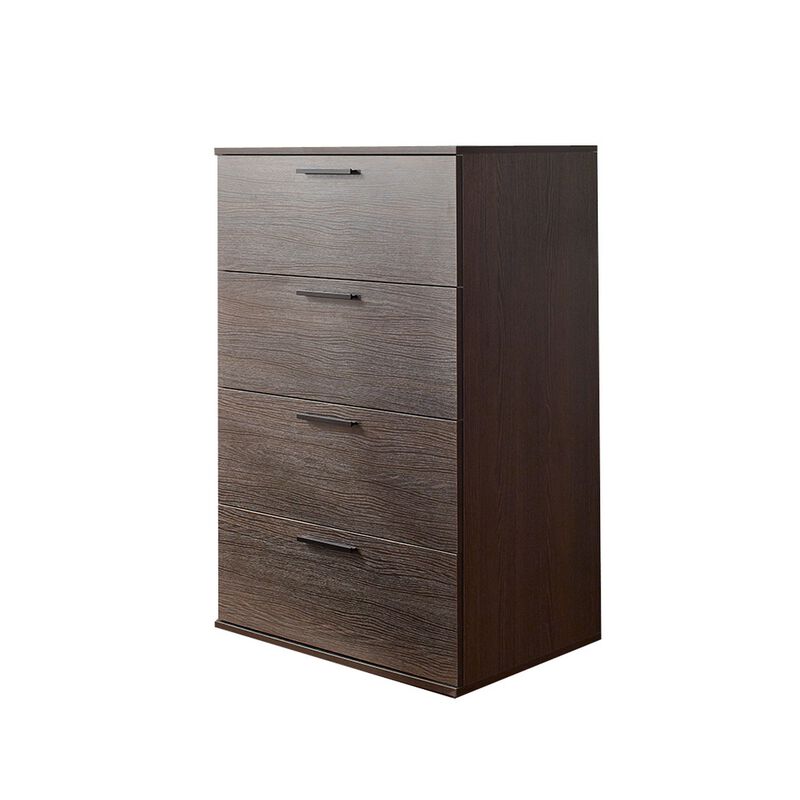 Levy Tall Dresser Chest, 4 Jumbo Drawers, Farmhouse Dark Brown Wood Finish - Benzara