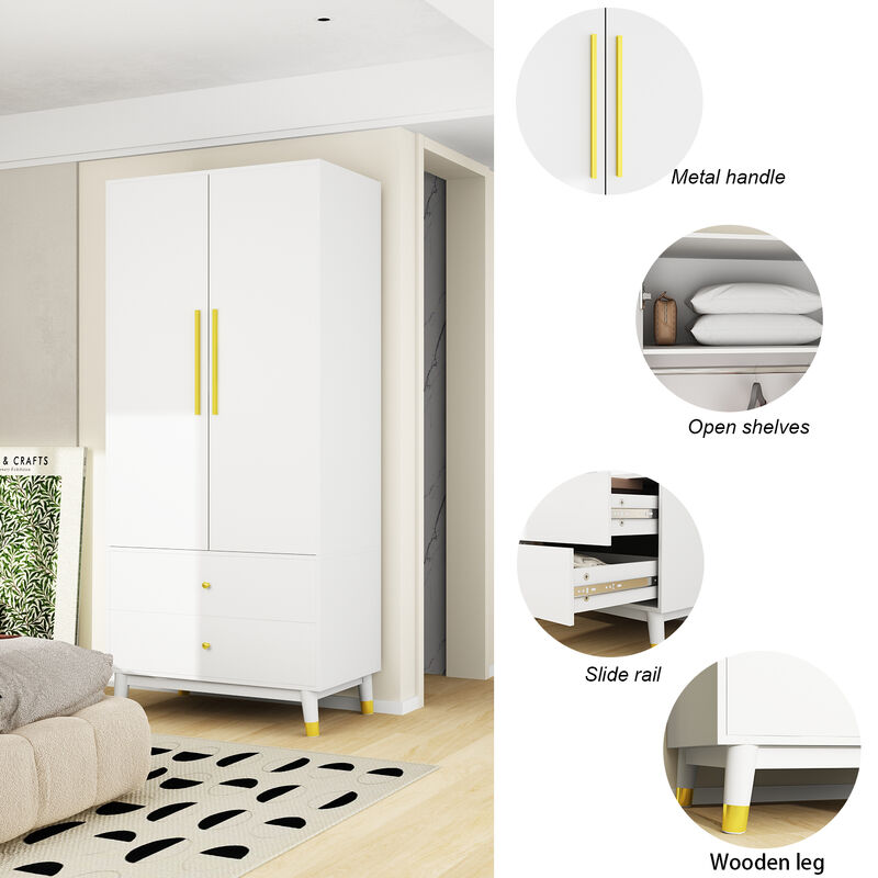 2-Drawers Kids Armoires Wardrobe With Hanging Rods, Drawers, Shelves (19.1 in. D x 31.5 in. W x 71.1 in. H)