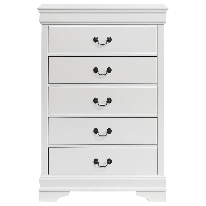 Nim Tall Dresser Chest, 5 Storage Drawers, Classic White Molded Trim - Benzara